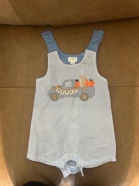 Mud Pie Blue & White Striped Romper with Truck Applique